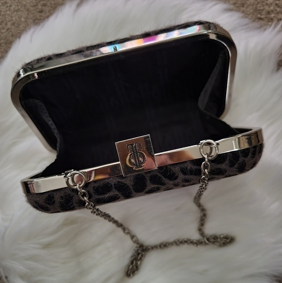 Leopard Velvety Fur Two Tone Clutch & Crossbody Party Bag - Picture 3 of 6